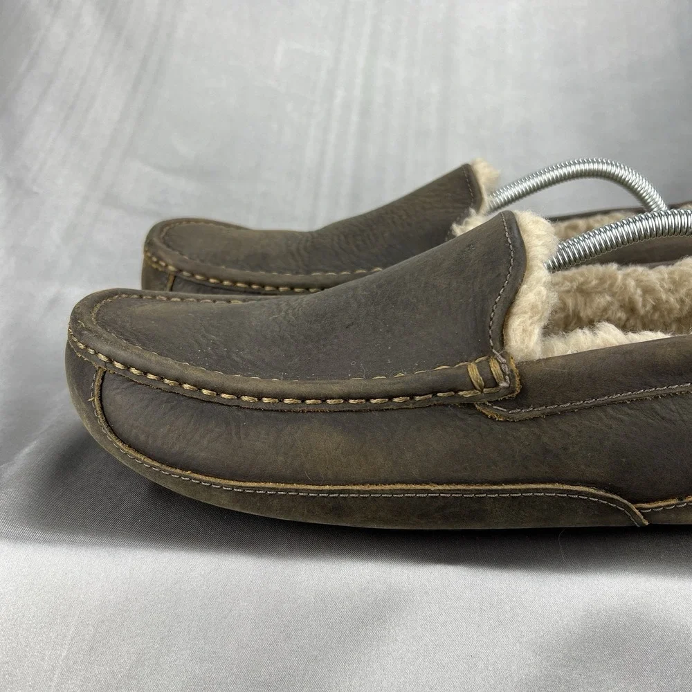 UGG Ascot Leather Wool Slippers Loafers Men's 12 Dark Brown‎ Driving S/N 1103889